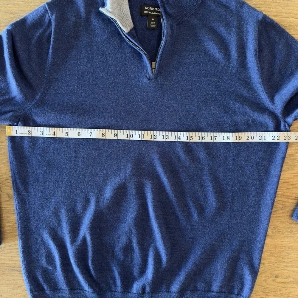 Nordstrom 100% Washable Merino‎ Wool 1/4 Zip Sweater-Blue-Contrast Neck-Size XL